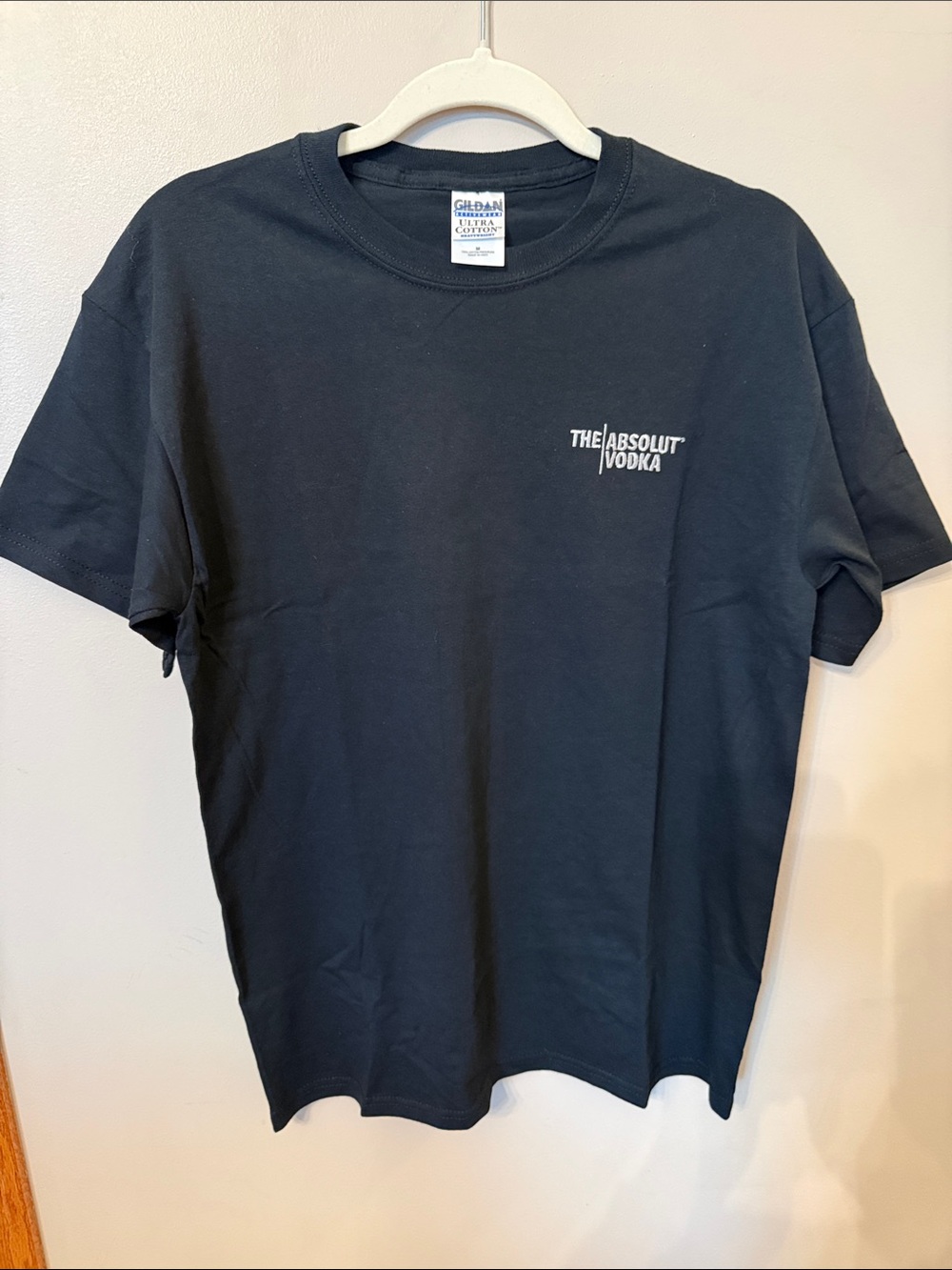NWOT, Gildan Men’s Black T-Shirt with White "The Absolut Vodka" Chest Logo